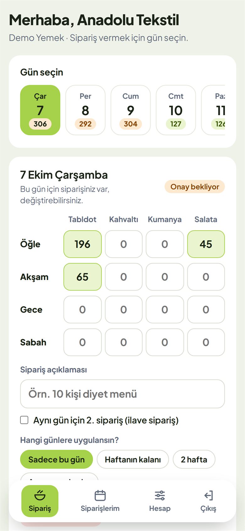 Müşterinin telefondan öğün ve türe göre sipariş verdiği ekran